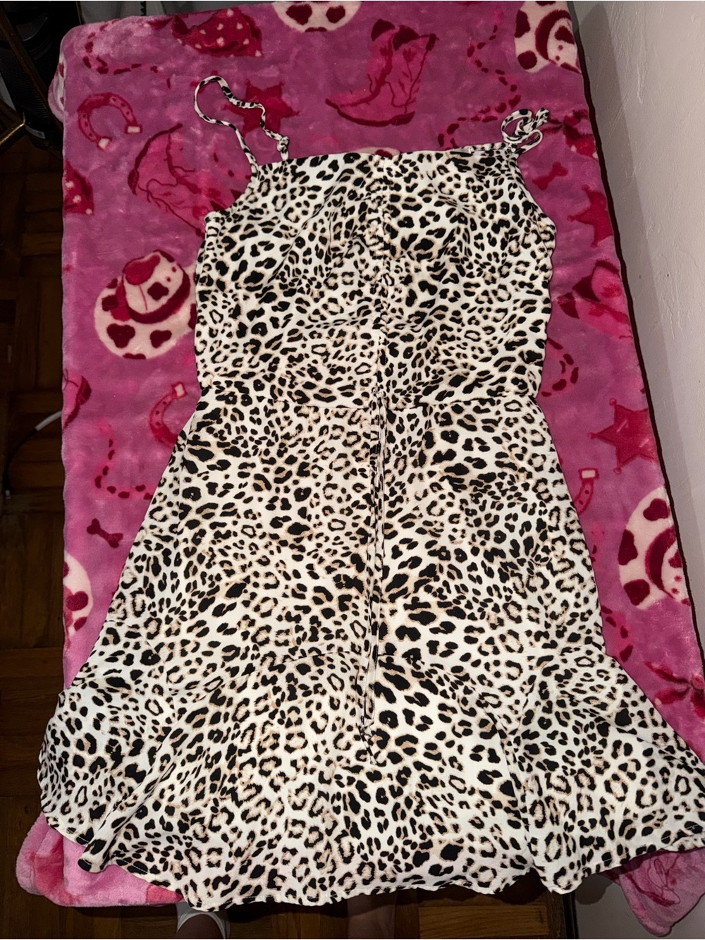 Leopard Print Midi Dress with Spaghetti Straps - Cream/Black